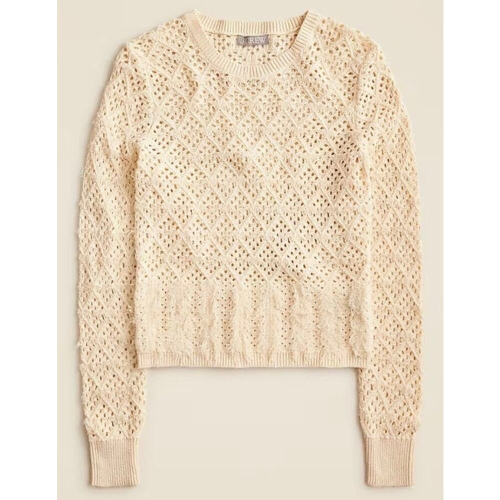 J. Crew Cream Pointelle Knit Fringe Crewneck Long Sleeve Beach Sweater SIZE LG